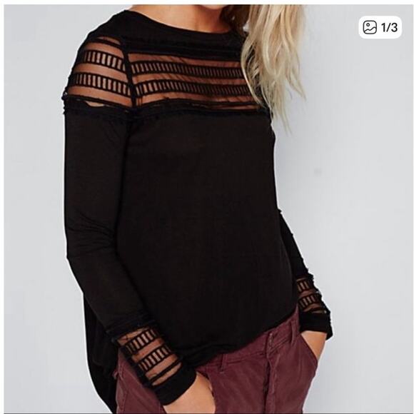Free People Women's Black Mesh Insert Roxie Long Sleeve Hi-Low Top, Size M, GUC - Picture 2 of 10